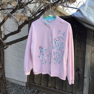 Vintage Blair Hummingbird Floral Button Grandma Sweatshirt Womens Large Pink
